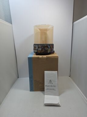 Partylite Aurora Candle Holder Colored Stone Glass Pillar Jar NIB (A3)